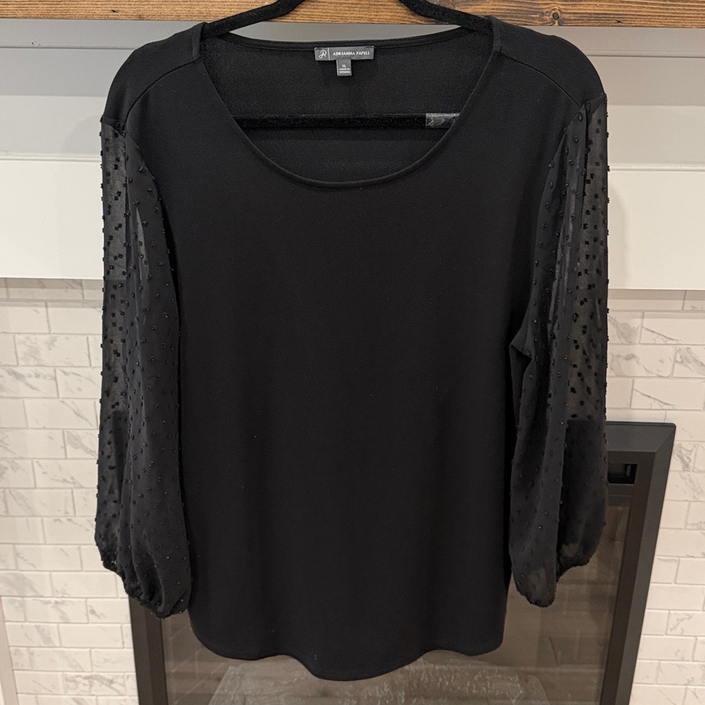 Adrianna Papell Black Blouse with Sheer Sleeves Swiss dots 2 for $20